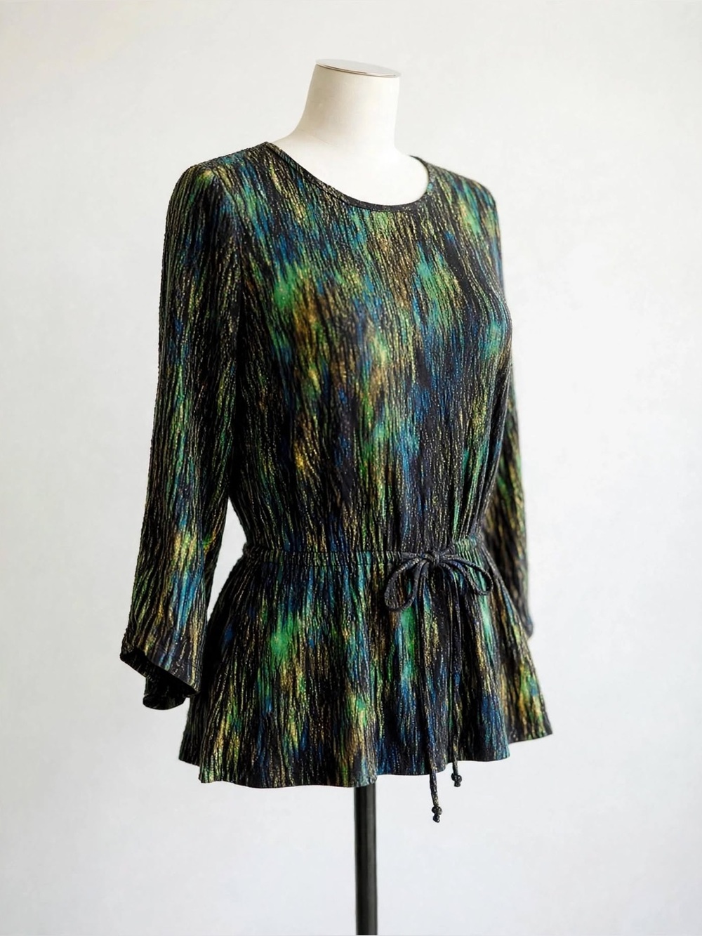 Kenar Blouse Peplum Knit Abstract 3/4 Sleeve Drawstring Waist Size S